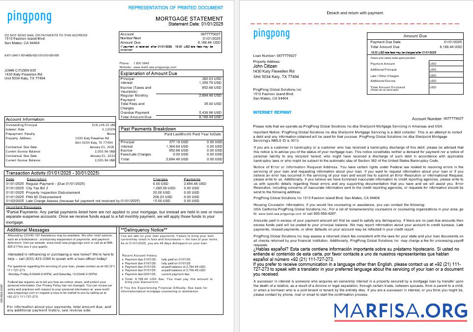 Blank USA California PingPong Global Solutions Inc mortgage statement in Word and PDF formats, 3 pages 1 2 example